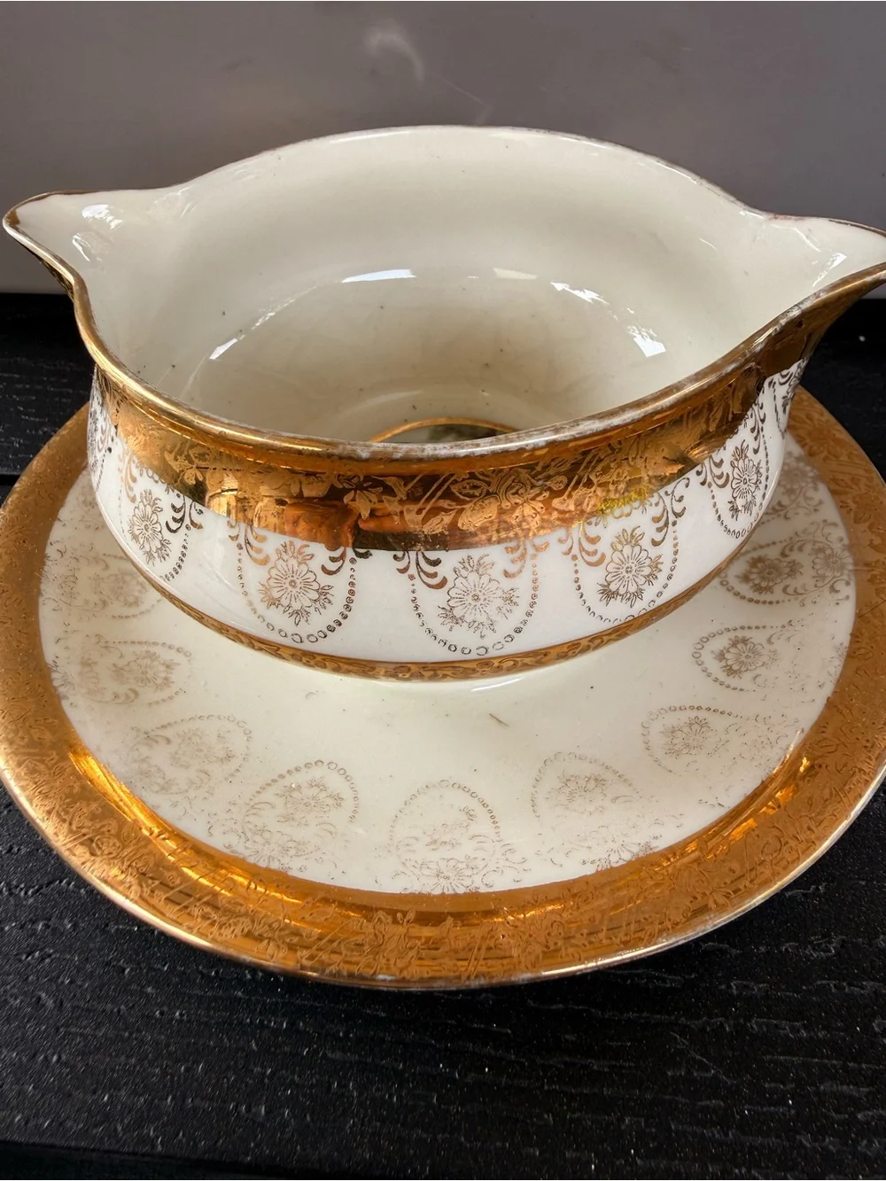 Vintage Gold-Trim Porcelain Gravy Boat with Classical Scene